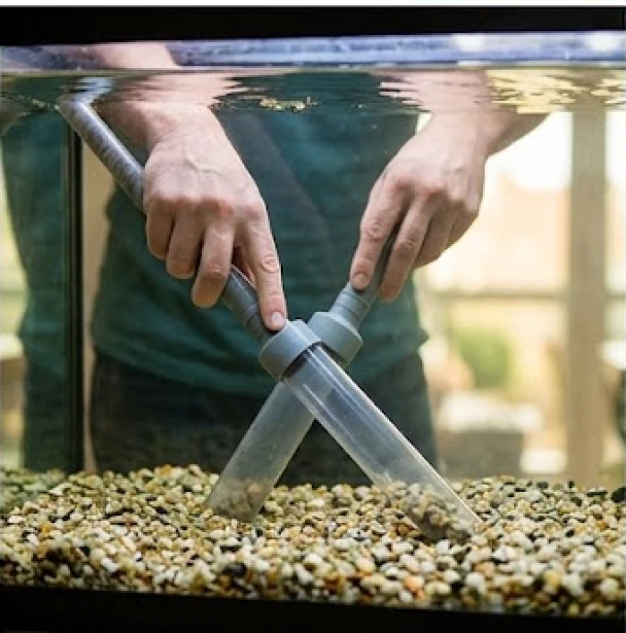 Bộ dụng cụ hút cặn đáy chuyên dụng và thao tác vệ sinh chuẩn xác nhằm bảo vệ hệ vi sinh vật có lợi dưới lớp sỏi nền