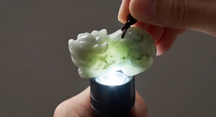Đèn pin chiếu sáng dưới bụng mặt dây chuyền tỳ hưu làm lộ vân mây đá tự nhiên bên trong