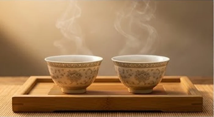 Hai chén trà gốm sứ tinh tế đặt đối diện nhau trên khay tre, tượng trưng cho sự nhẫn nại và dung hòa trong giao tiếp