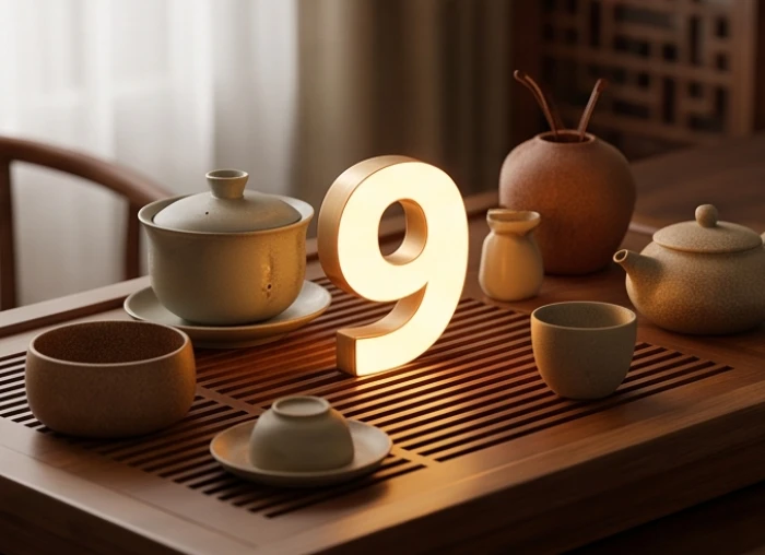 Thẻ số 9 mang hành Hỏa tương sinh đặt cạnh ấm trà gốm sứ tượng trưng Đại Trạch Thổ cho tuổi Kỷ Dậu 1969