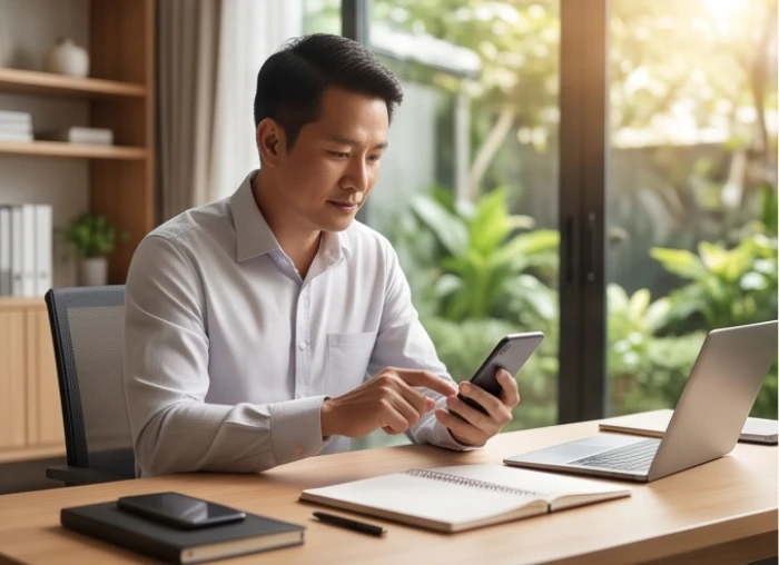 Doanh nhân kiểm tra đuôi số hợp mệnh trên điện thoại trong phòng làm việc thanh lịch và tràn ngập ánh sáng