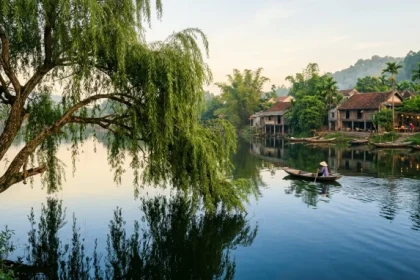 Hình ảnh cành liễu rủ xanh mướt bên hồ nước giải đáp dương liễu mộc là gì trong ngũ hành nạp âm