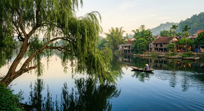 Hình ảnh cành liễu rủ xanh mướt bên hồ nước giải đáp dương liễu mộc là gì trong ngũ hành nạp âm