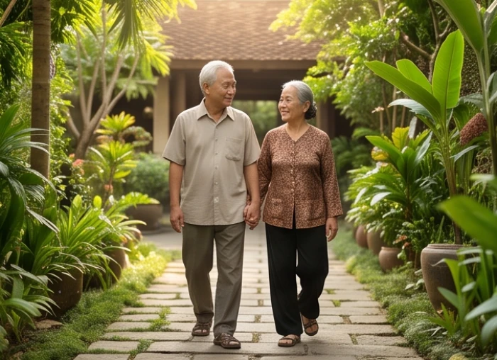 Hai ông bà lão dắt tay nhau dạo bước dưới bóng cây xanh mát trong khu vườn thanh bình