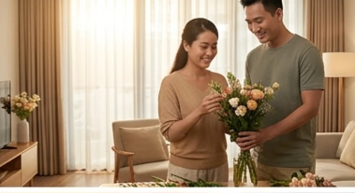 Người phụ nữ tuổi Mão dịu dàng cùng chồng chăm sóc tổ ấm gia đình trong không gian sống hiện đại