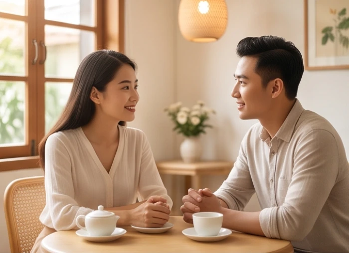 Cặp đôi trò chuyện ôn hòa trong không gian quán trà yên tĩnh thể hiện sự thấu hiểu trong tình duyên tuổi Bính Tuất