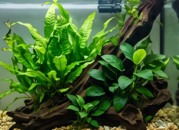 Cây dương xỉ Java và ráy Anubias bám rễ chắc chắn vào khúc lũa nghệ thuật dưới đáy nước