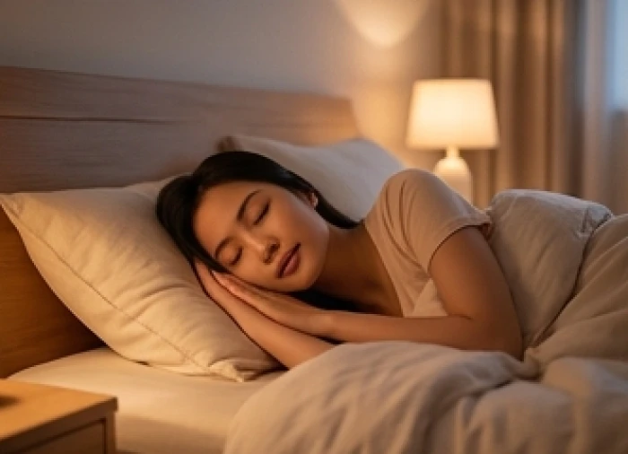 Người phụ nữ trẻ chìm vào giấc ngủ sâu trong căn phòng ngủ bài trí ánh sáng vàng dịu nhẹ ấm cúng