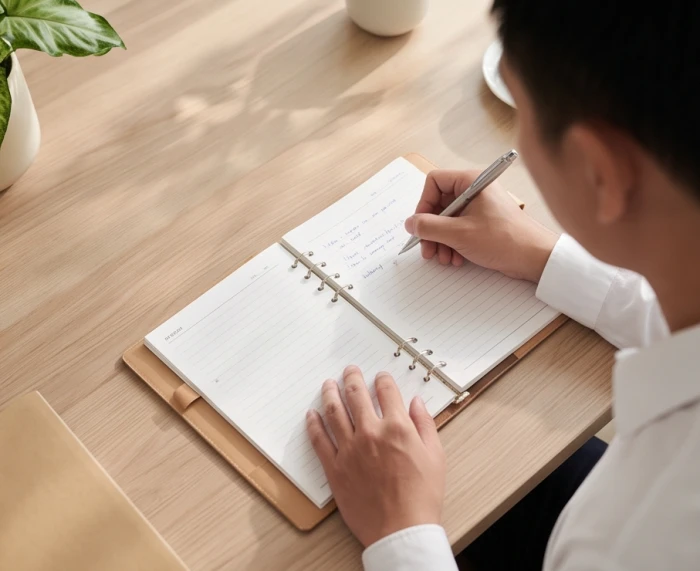 Người làm việc tập trung xem sổ kế hoạch được chia nhỏ theo giai đoạn trên chiếc bàn làm việc gọn gàng và thoáng đãng