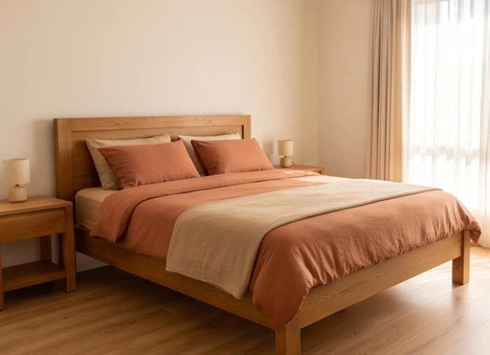 Chiếc giường gỗ chắc chắn với bộ ga trải màu cam đất mang lại trường khí ổn định cho tuổi Mậu Dần