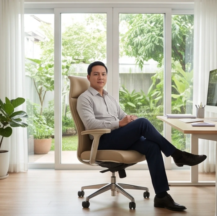 Nam giới ngồi làm việc đúng tư thế trên ghế công thái học cao cấp bảo vệ sức khỏe xương khớp