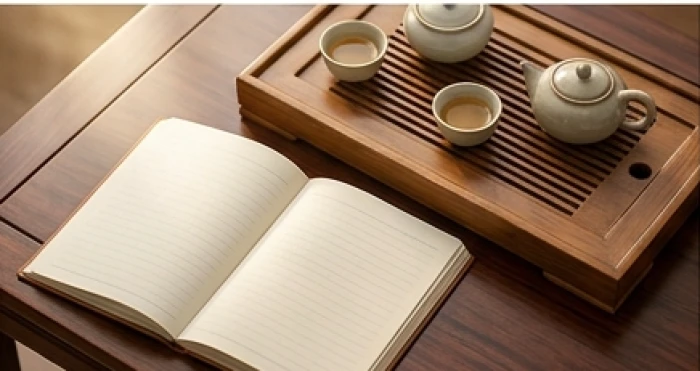 Cuốn sổ tay ghi chép các cặp số đuôi tương sinh vượng khí đặt trên bàn trà gốm sứ sang trọng