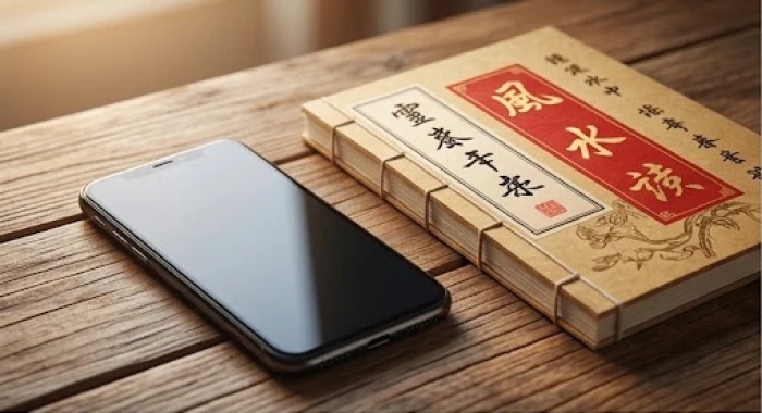 Chiếc điện thoại di động mở màn hình danh bạ đặt cạnh một cuốn sổ tay phong thủy truyền thống