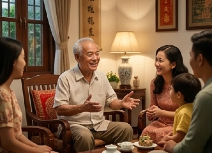 Người lớn tuổi tuổi Ngọ vui vẻ trò chuyện cùng con cháu mang nạp âm Thủy trong phòng khách ấm cúng