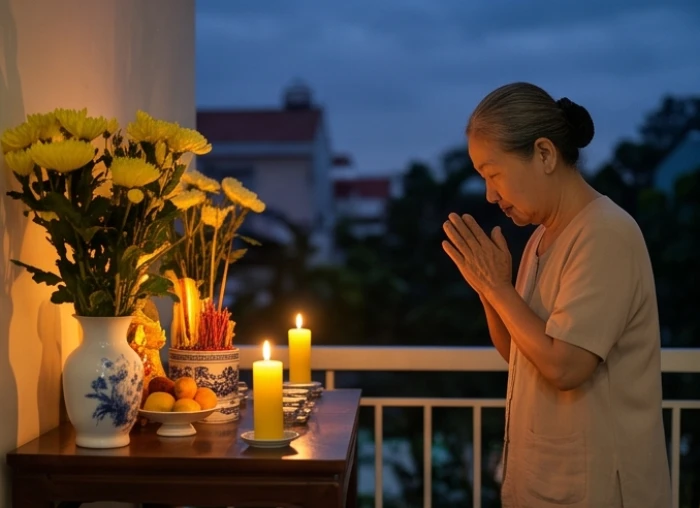 Người lớn tuổi Giáp Thìn chắp tay thành kính vái lạy trước mâm cúng sao giải hạn trang nghiêm tại gia