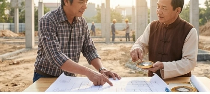 Người đàn ông đứng xem bản vẽ thiết kế ngôi nhà cùng chuyên gia phong thủy trong năm Xung Thái Tuế