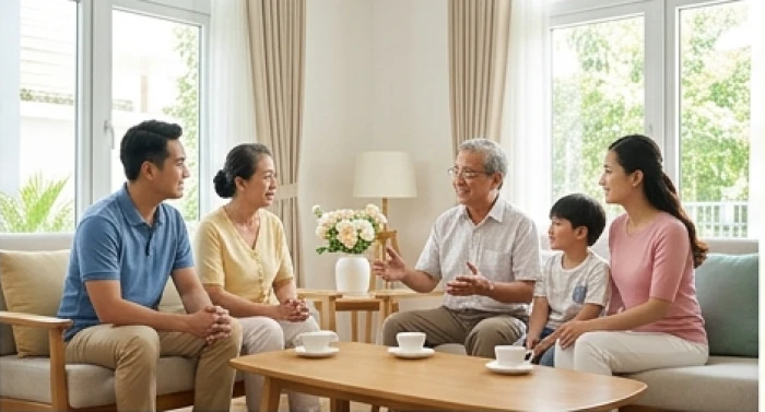 Vợ chồng cao tuổi trò chuyện vui vẻ cùng các con cháu trong không gian phòng khách gia đình