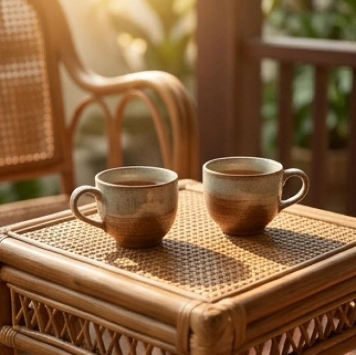 Hai tách trà gốm sứ mộc mạc đặt cạnh nhau trên chiếc bàn gỗ mây tre hiên nhà ngập tràn ánh nắng