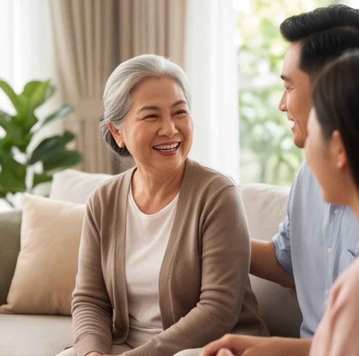 Người cao tuổi quây quần trò chuyện vui vẻ cùng con cháu trong không gian phòng khách ấm cúng