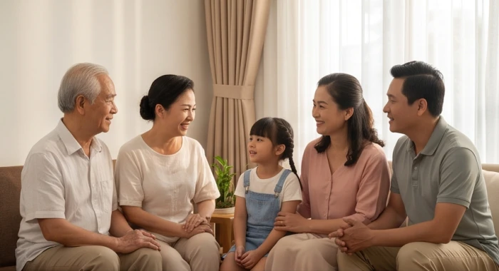 Các thế hệ con cháu quây quần vui vẻ bên cụ ông Nhâm Ngọ trong không gian phòng khách ấm cúng