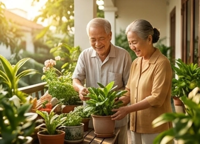 Cặp vợ chồng lớn tuổi hạnh phúc cùng nhau chăm sóc vườn cây cảnh trước hiên nhà trong buổi sáng bình yên