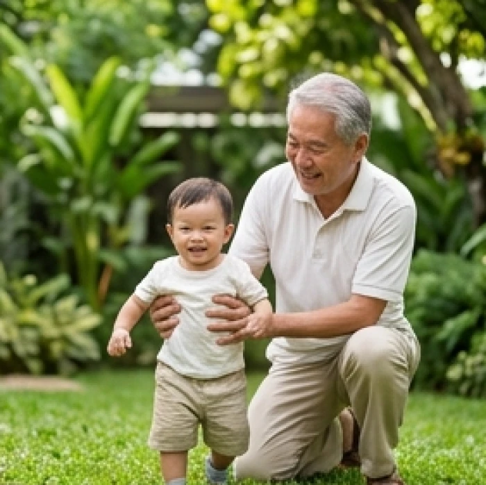 Người đàn ông lớn tuổi đang vui vẻ chơi đùa cùng cháu nhỏ trong khu vườn nhiều cây xanh