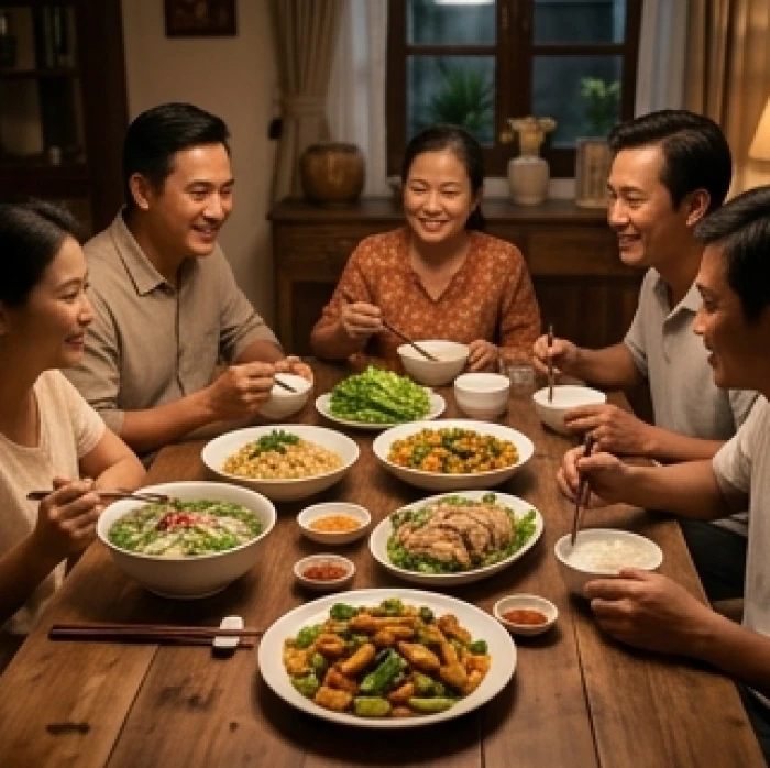 Bữa cơm gia đình ấm cúng với các món ăn truyền thống Việt Nam dưới ánh đèn vàng êm dịu