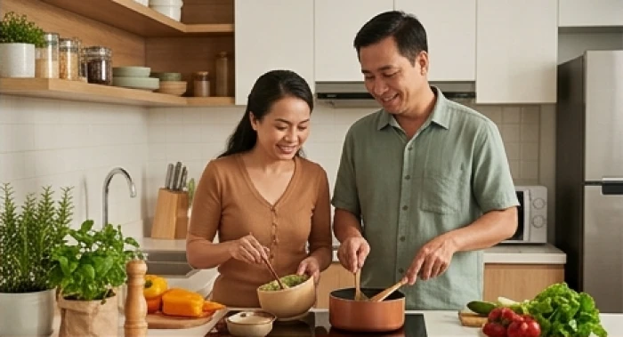 Vợ chồng tuổi Đinh Mão 1987 cùng nhau chuẩn bị bữa tối ấm cúng trong không gian gian bếp gia đình hiện đại