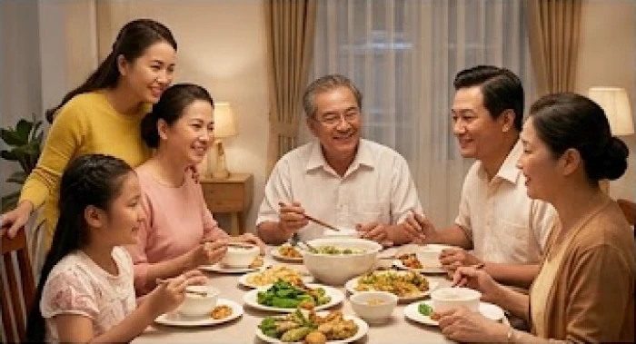 Gia đình đa thế hệ quây quần vui vẻ bên mâm cơm ấm cúng thể hiện gia đạo bình yên hạnh phúc