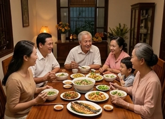 Gia đình ba thế hệ quây quần vui vẻ bên mâm cơm ấm cúng thể hiện sự gắn kết và lòng hiếu thảo của con cháu