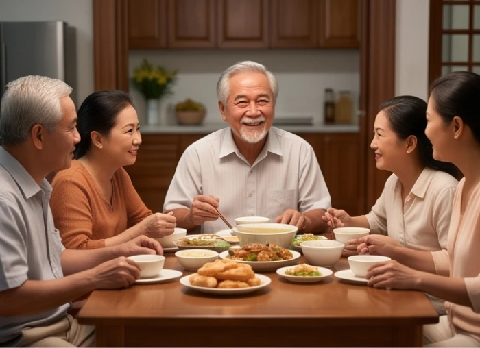 Bữa cơm gia đình ấm cúng với nhiều thế hệ quây quần bên người lớn tuổi trong không gian bình yên