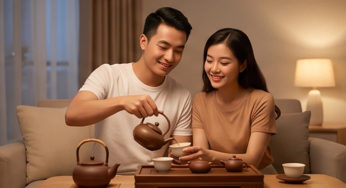 Hai vợ chồng trẻ đang cùng nhau pha trà và trò chuyện vui vẻ trong không gian phòng khách
