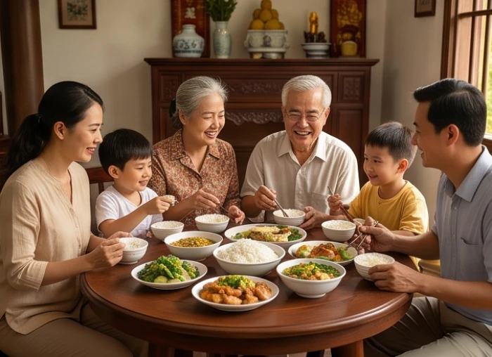 Bữa cơm gia đình ba thế hệ quây quần vui vẻ bên mâm cỗ truyền thống ấm cúng