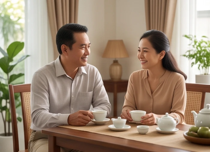 Vợ chồng trung niên tuổi Quý Sửu 1973 vui vẻ cùng nhau thưởng trà và trò chuyện trong gia đạo hòa thuận
