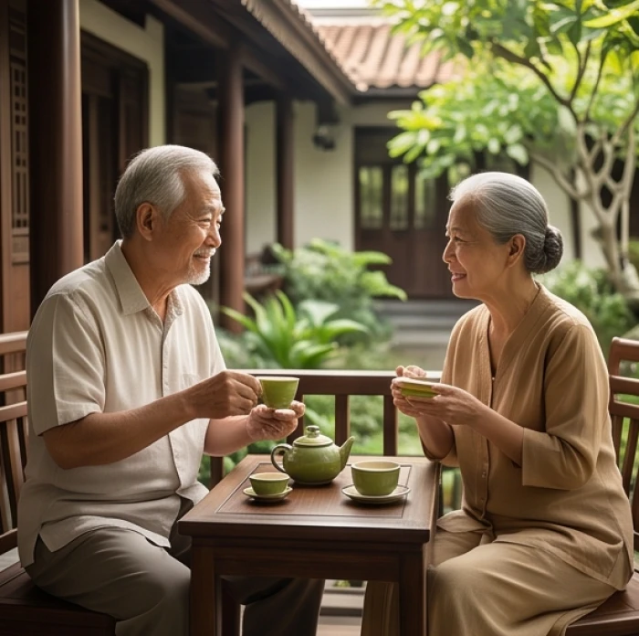 Vợ chồng cao tuổi trò chuyện vui vẻ bên thềm nhà truyền thống thể hiện gia đạo bình yên hạnh phúc