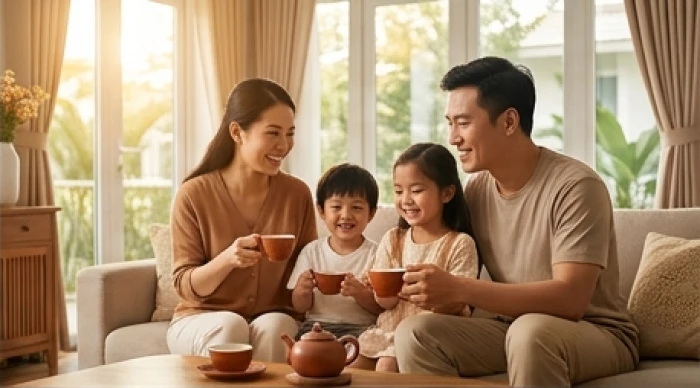Gia đình nhỏ quây quần hạnh phúc bên bàn trà phòng khách ấm cúng thể hiện đời sống gia đạo bình yên của tuổi mão