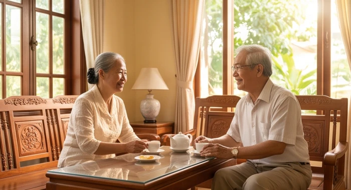 Bữa trà ấm cúng của vợ chồng cao tuổi cùng con cháu hiếu thuận thể hiện hậu vận viên mãn tuổi Đinh Hợi