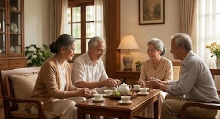 Người mẹ lớn tuổi ngồi trò chuyện thân mật cùng con cháu trong phòng khách ấm cúng thể hiện sự gắn kết gia đình