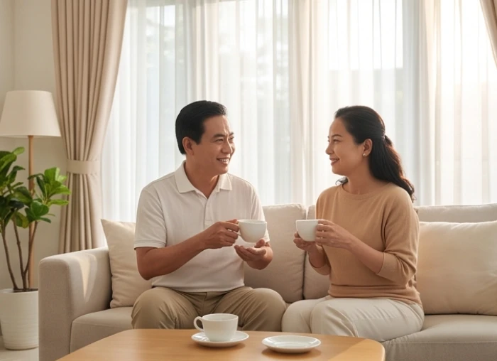 Vợ chồng tuổi Nhâm Tuất 1982 cùng trò chuyện vui vẻ bên bàn trà trong phòng khách ấm cúng