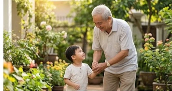 Cụ ông lớn tuổi đang tươi cười âu yếm hướng dẫn cháu nhỏ trong khuôn viên sân vườn gia đình