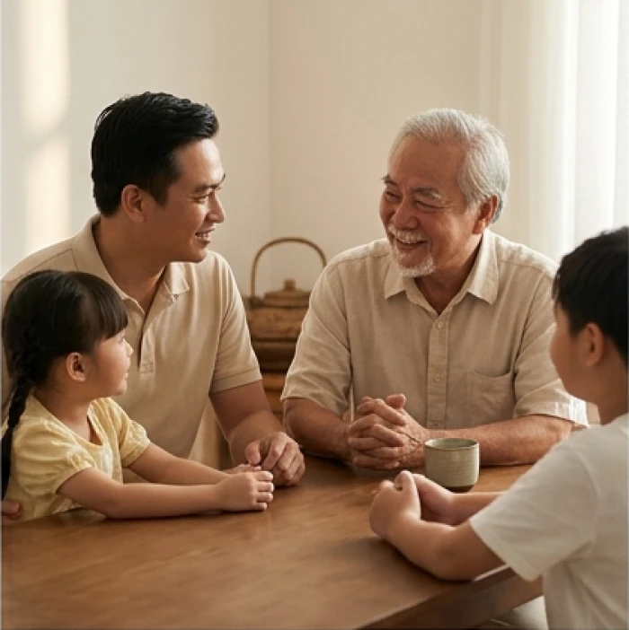 Gia chủ Canh Thìn quây quần ấm cúng cùng con cháu trong không gian phòng khách gia đình