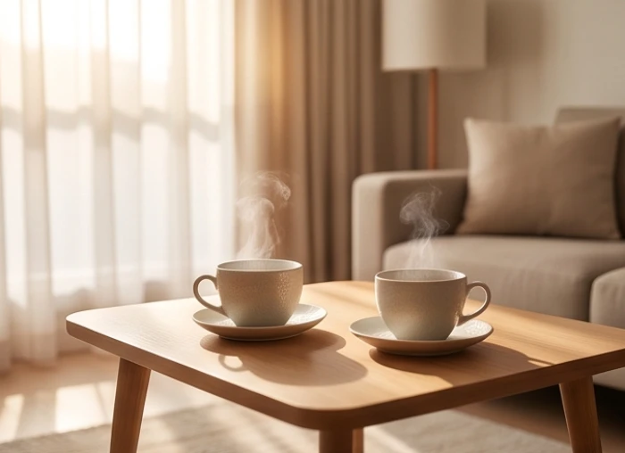Bàn trà phòng khách gia đình trang nhã với hai tách trà nóng ấm áp thể hiện sự gắn kết và đối thoại gia đạo