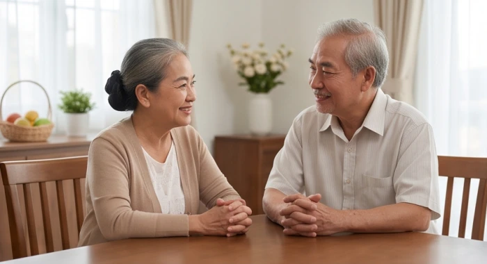 Vợ chồng tuổi xế chiều trò chuyện tháo gỡ bất đồng tài chính trong không gian gia đình êm ấm