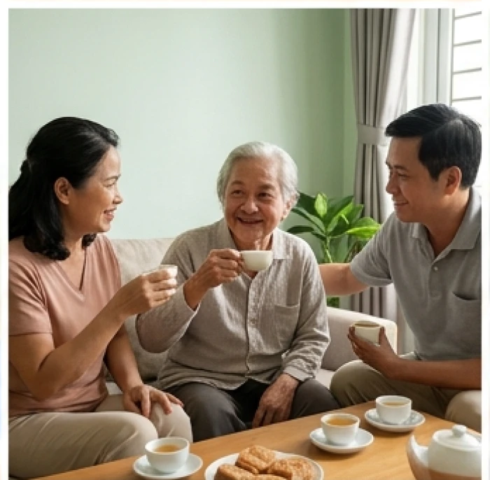 Gia đình nhiều thế hệ quây quần vui vẻ bên nhau thể hiện sự gắn kết hòa thuận của nhóm tam hợp