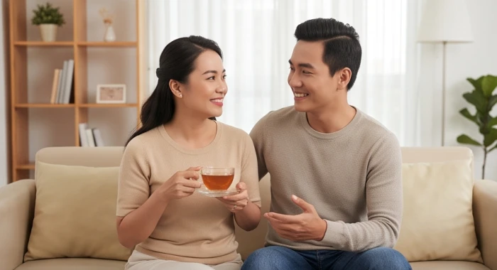 Vợ chồng hạnh phúc đồng lòng trò chuyện và chia sẻ công việc gia đình trong không gian phòng khách ấm cúng