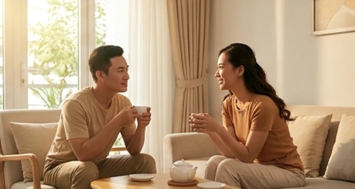 Cặp đôi trẻ tuổi Sửu cùng nhau trao đổi nhẹ nhàng bên bàn trà trong phòng khách gia đình ấm cúng