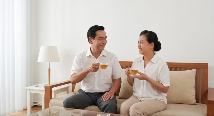 Người đàn ông tuổi Kỷ Dậu 1969 cùng vợ trò chuyện ấm cúng trong phòng khách sáng sủa thể hiện sự hòa hợp gia đạo