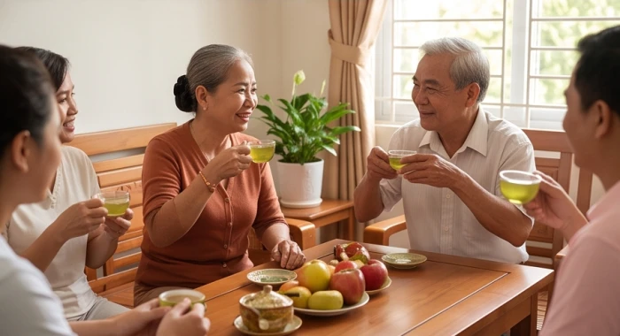 Cụ ông tuổi Bính Tuất vui vẻ trò chuyện cùng con cháu bên bàn trà ấm áp giúp gia đạo luôn hòa thuận