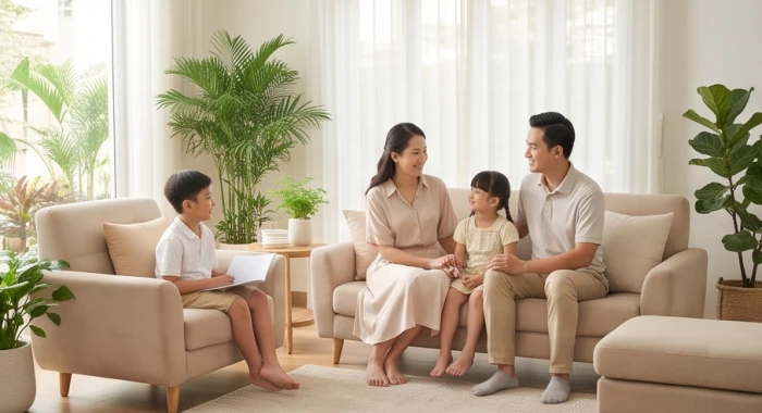 Gia đình nữ đinh mão sinh năm 1987 quây quần hạnh phúc trong không gian phòng khách ấm cúng tràn ngập ánh sáng