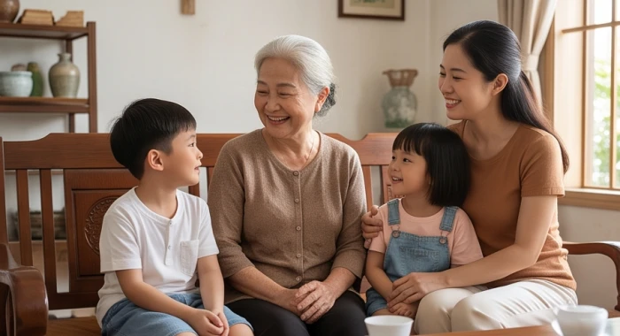 Người phụ nữ cao tuổi rạng rỡ nhận sự quan tâm chăm sóc và trò chuyện ấm áp cùng con cháu trong phòng khách gia đình